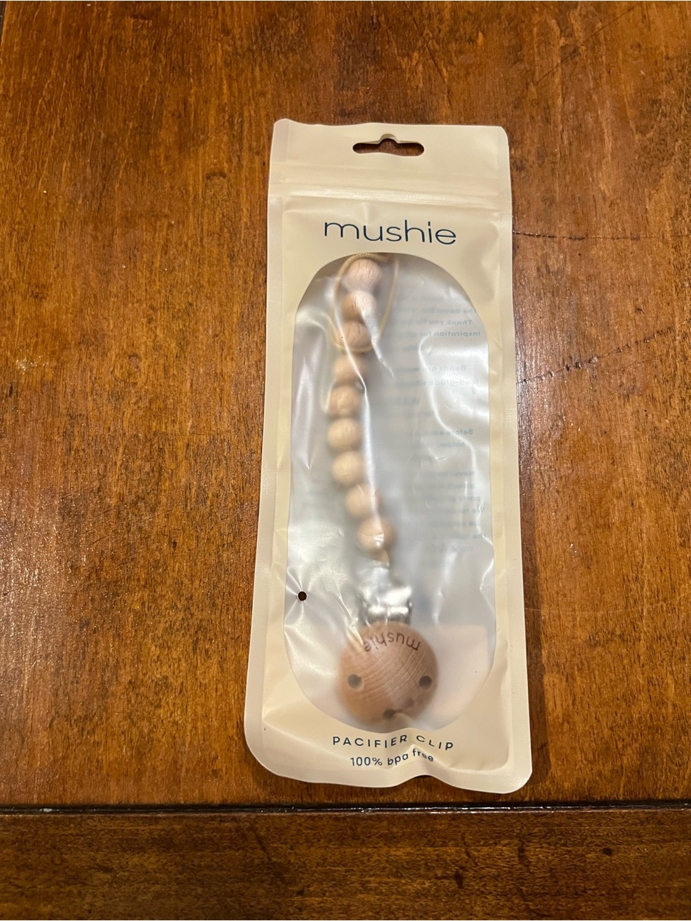 NWT Mushie Cleo Wood Pacifier Clip Natural Neutral Baby